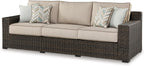 Signature Design by Ashley Coastline Bay Outdoor Patio Sofa, Rust-Free Aluminum Frame, Resin Wicker and Nuvella Fabric, Casual Seating for Sunroom or Deck, Brown and Beige