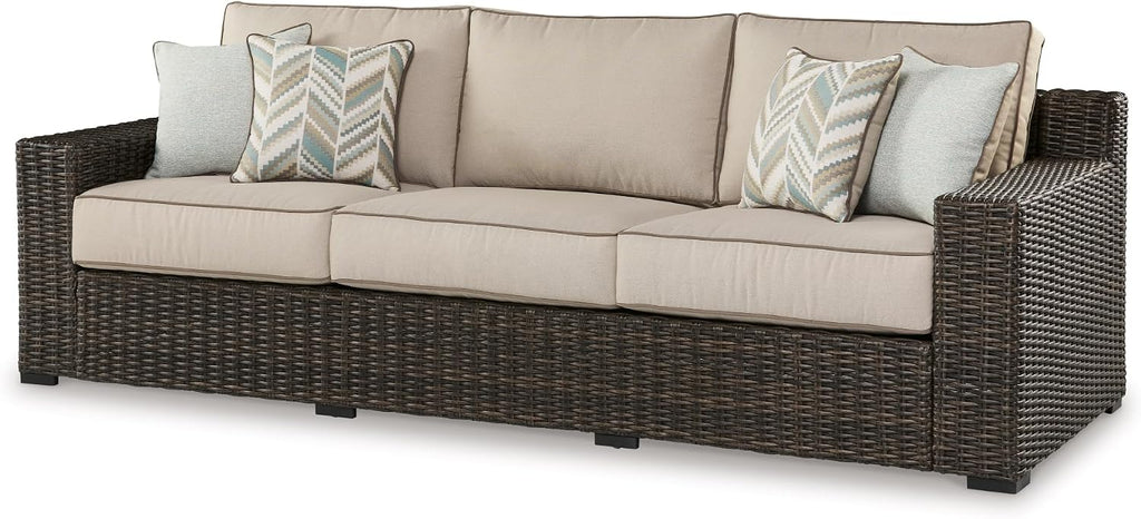 Signature Design by Ashley Coastline Bay Outdoor Patio Sofa, Rust-Free Aluminum Frame, Resin Wicker and Nuvella Fabric, Casual Seating for Sunroom or Deck, Brown and Beige