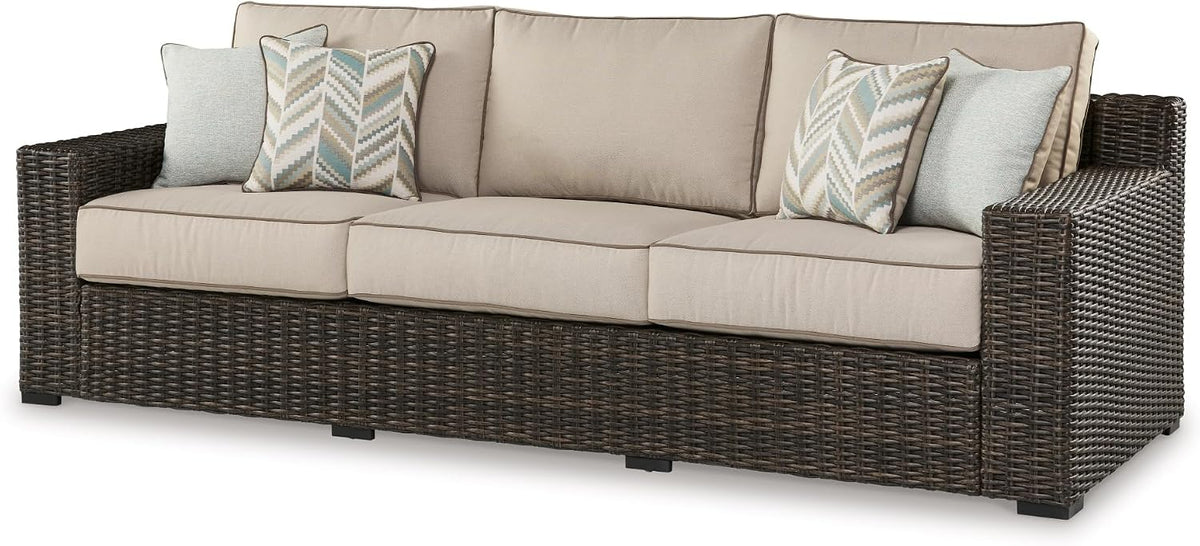 Signature Design by Ashley Coastline Bay Outdoor Patio Sofa, Rust-Free Aluminum Frame, Resin Wicker and Nuvella Fabric, Casual Seating for Sunroom or Deck, Brown and Beige