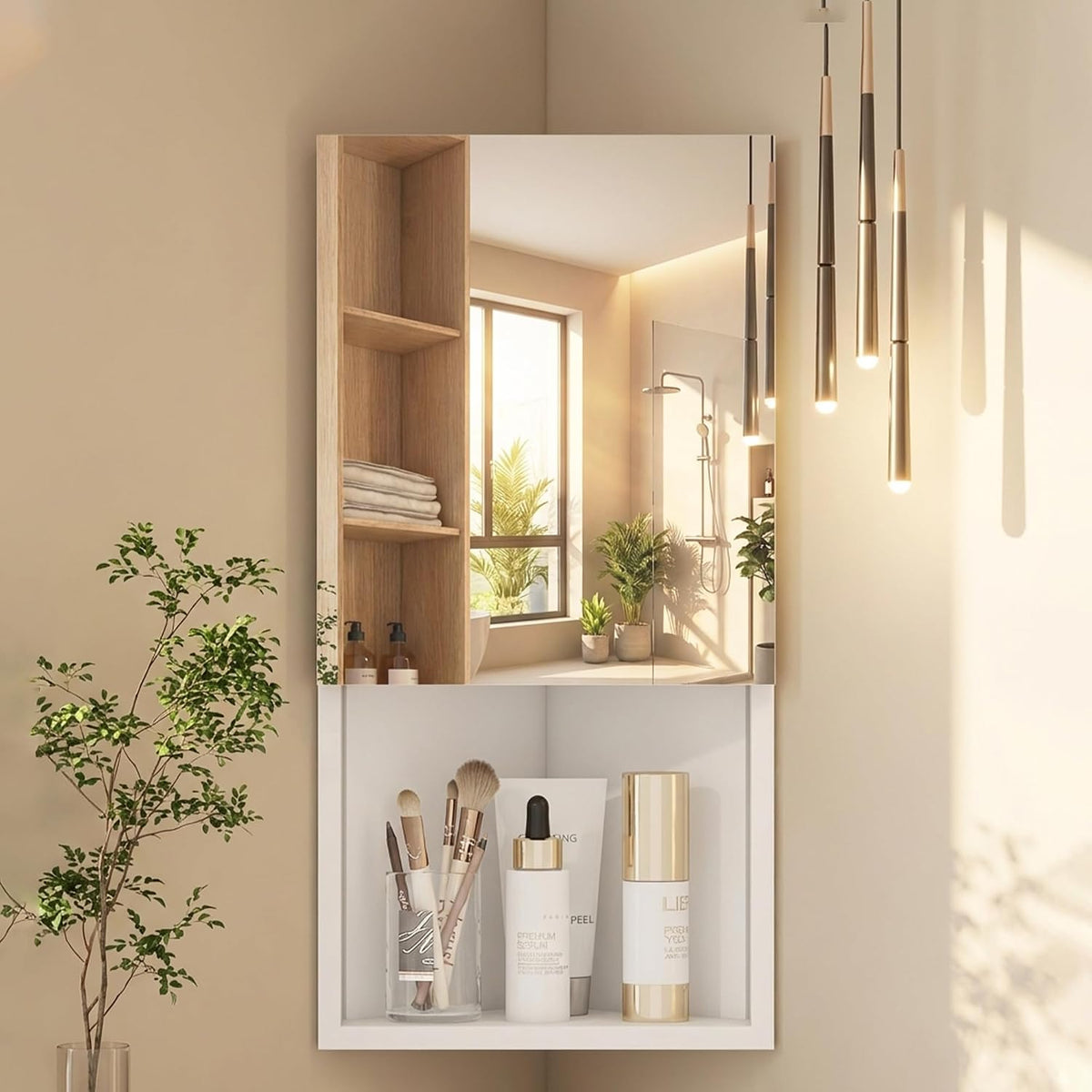 3 Shelves Corner Bathroom Mirror Cabinet,Wall Mounted Bathroom Cabinet