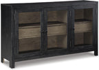 Signature Design by Ashley 60" Black Buffet Accent Cabinet, 3 Glass Doors | Sturdy oak veneer frame, High-contrast warm gray interior, Smooth-glide drawers, Lenston Series