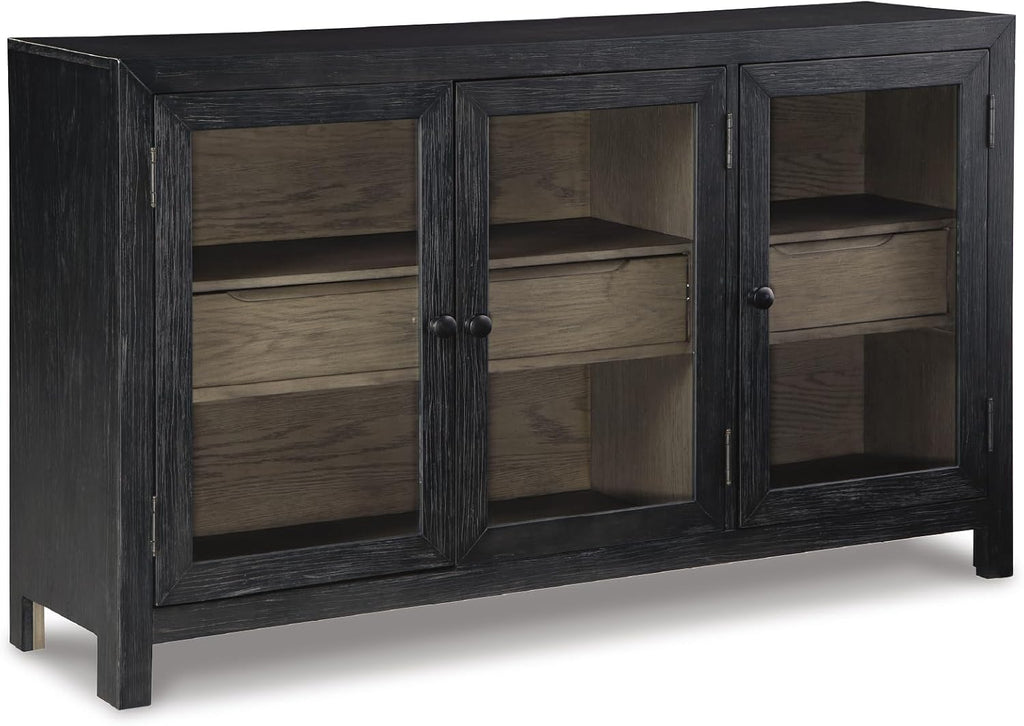 Signature Design by Ashley 60" Black Buffet Accent Cabinet, 3 Glass Doors | Sturdy oak veneer frame, High-contrast warm gray interior, Smooth-glide drawers, Lenston Series