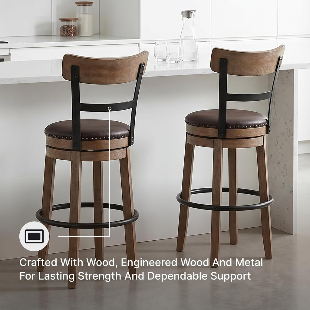 Signature Design by Ashley Pinnadel 30" Swivel Bar Height Barstool, Brown | Faux leather padded seat for easy cleanup, Sturdy wood, engineered wood, and metal frame, Built-in comfort footrest