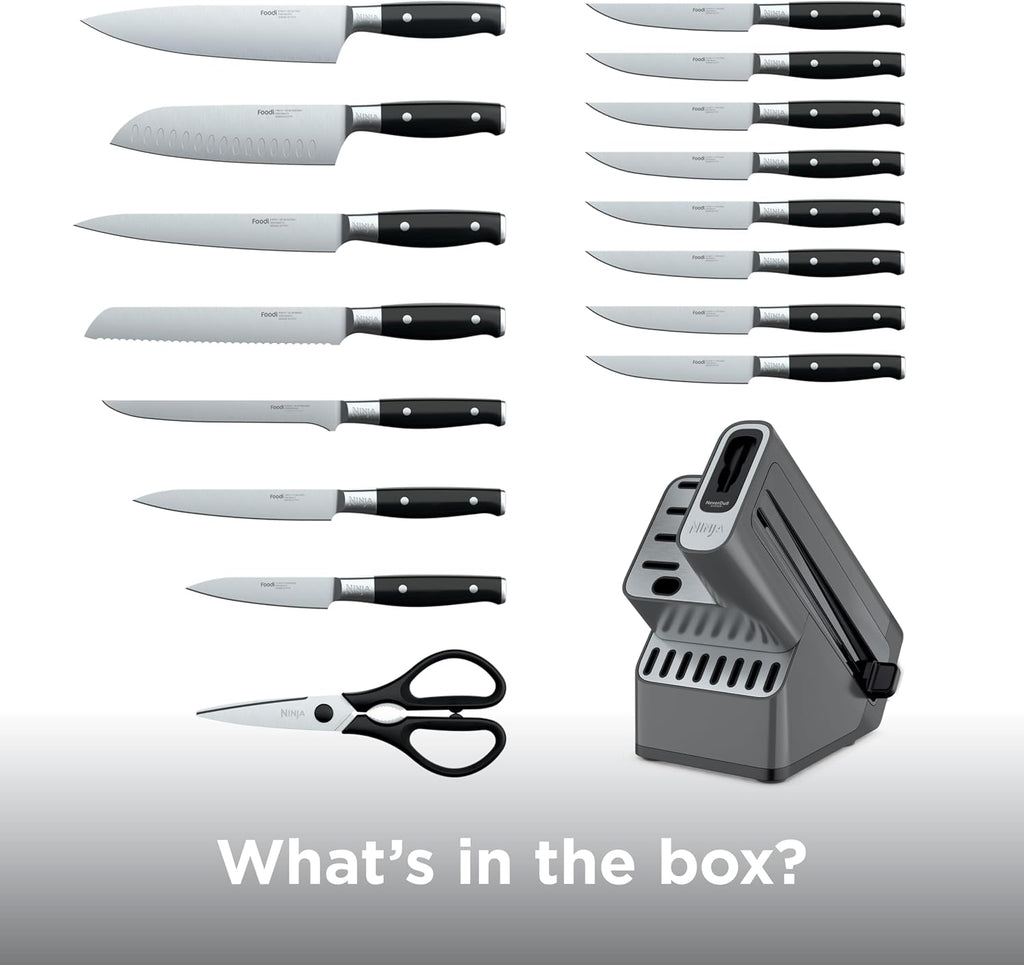 Ninja® NeverDull™ 17-Pc Knife Block Set, Built-in Sharpener, Black, K32017 | Stays razor-sharp 10+ years. Rust-resistant German stainless steel blades. Few swipes of the foolproof sharpener restore edge