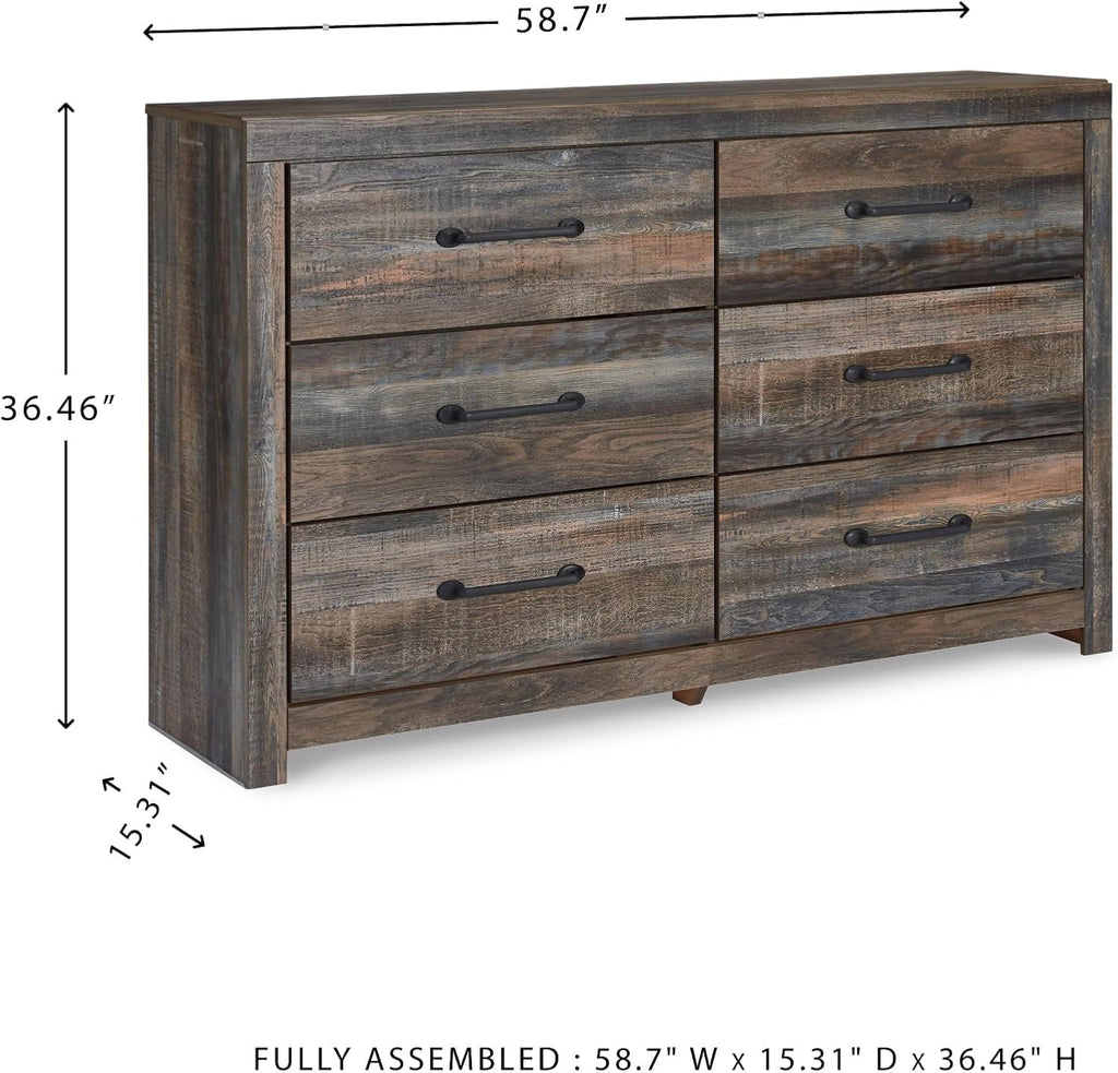 Signature Design by Ashley Rustic 6 Drawer Bedroom Dresser, Drystan | Faux linen drawer lining, Rustic brown finish with subtle teal accents, Sturdy 59-inch wide engineered wood frame