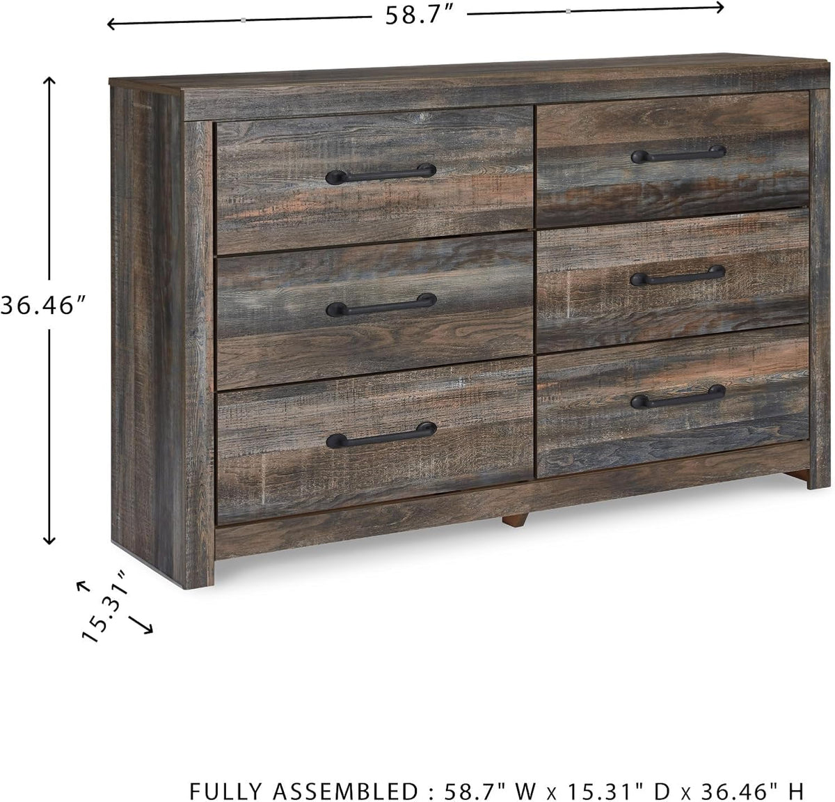 Signature Design by Ashley Rustic 6 Drawer Bedroom Dresser, Drystan | Faux linen drawer lining, Rustic brown finish with subtle teal accents, Sturdy 59-inch wide engineered wood frame