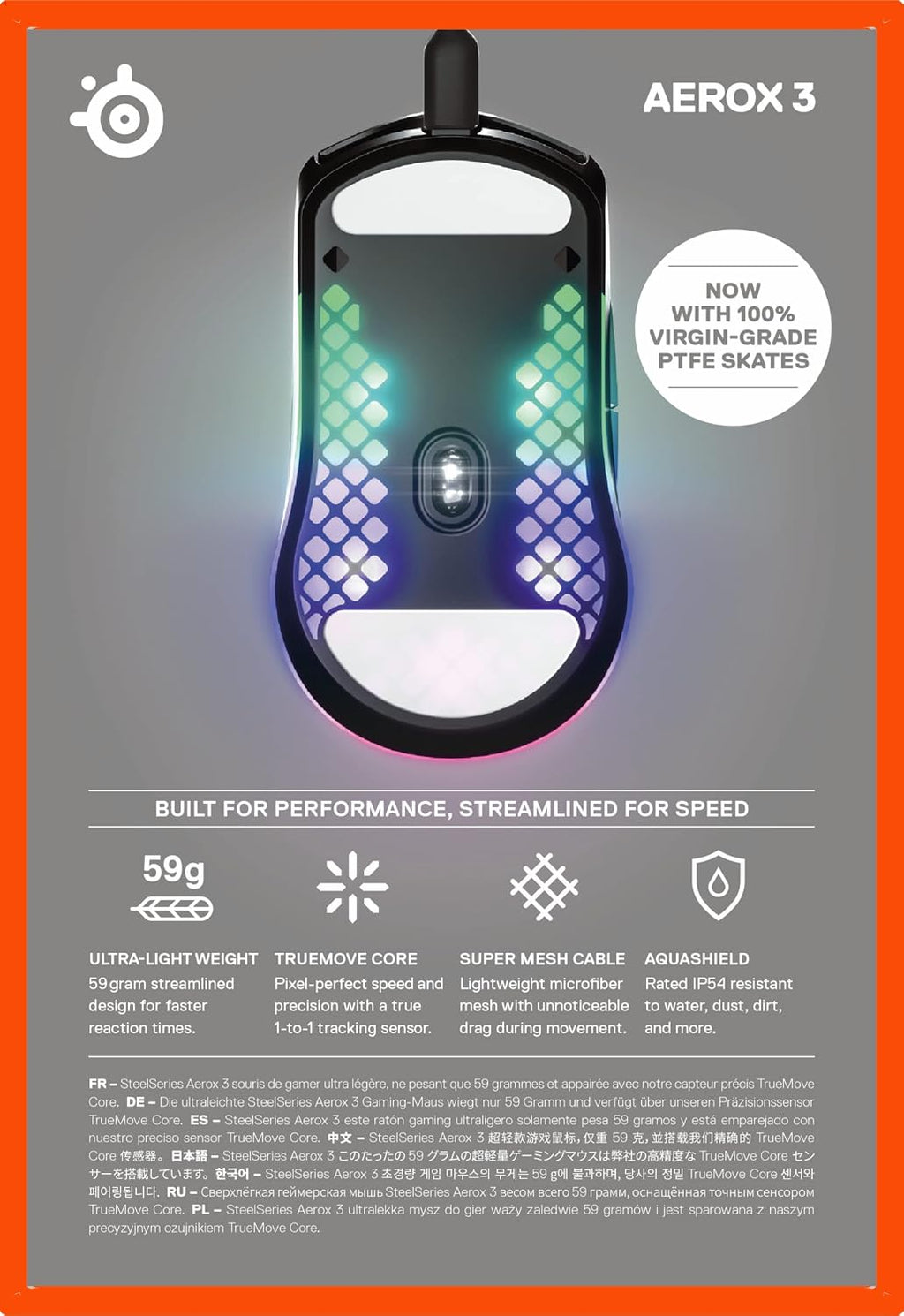 SteelSeries Aerox 3 - Holey RGB Gaming Mouse - Ultra-lightweight Water Resistant Design - 8,500 DPI TrueMove Core Optical Sensor - Onyx