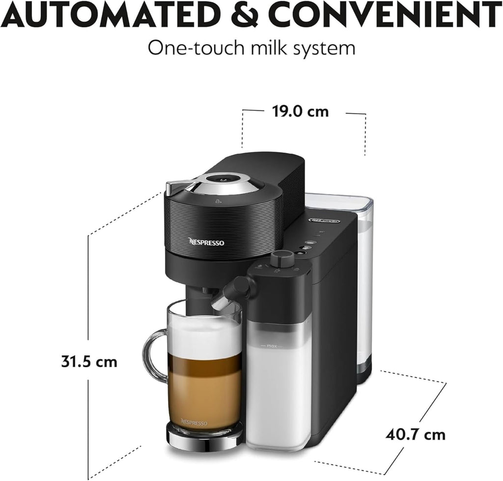 De'Longhi Nespresso Vertuo Lattissima ENV300.B, Automatic Coffee Machine with Automatic Milk Frother, Single-Serve Capsule Coffee Machine, 5 Cup Sizes, 1500W, Matt Black & Glossy