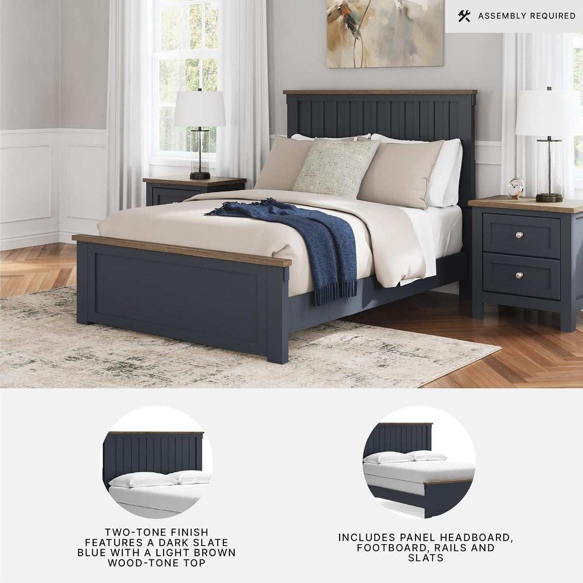 Signature Design by Ashley Kids Full Wood Panel Bed Frame, Blue & Brown | Traditional Shaker style silhouette, Two-tone slate blue and light brown finish, Box spring required, Landocken Series