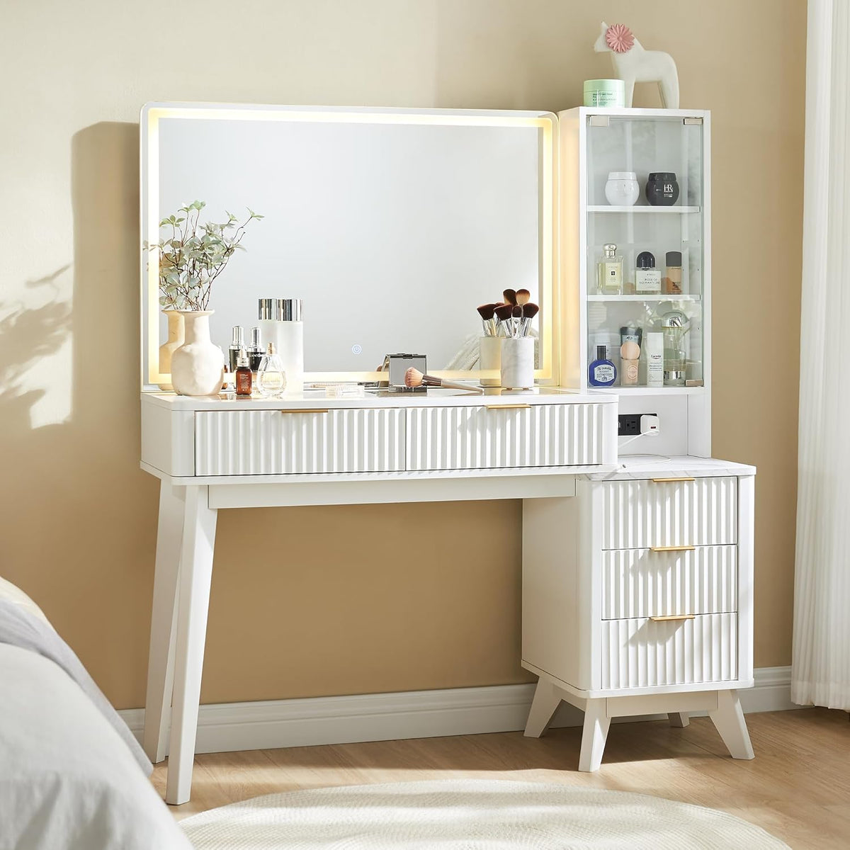 T4TREAM 48" Fluted Makeup Vanity Desk with 36" Lighted Mirror, Oak