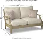 Signature Design by Ashley Clare View Outdoor Loveseat with Cushion, Beige | Eucalyptus wood frame, 5-step protective coating, Nuvella performance fabric, Compact balcony furniture, 2 throw pillows