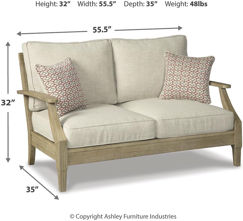 Signature Design by Ashley Clare View Outdoor Loveseat with Cushion, Beige | Eucalyptus wood frame, 5-step protective coating, Nuvella performance fabric, Compact balcony furniture, 2 throw pillows
