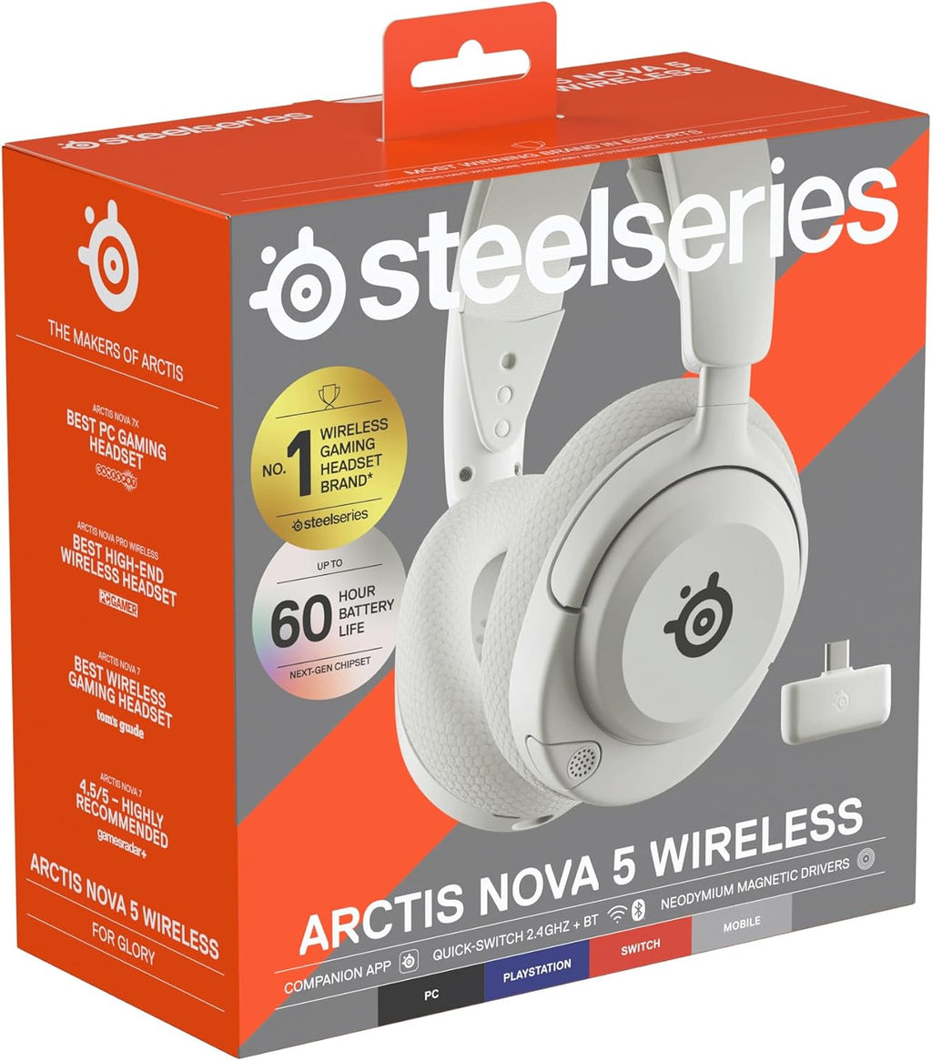 SteelSeries Arctis Nova 5 Wireless - Wireless Gaming Headset for PC - Compatible with PC, PS5, Switch & more - Mobile App Control - 60 HR Battery with Fast Charge - 2.4GHz/Bluetooth - White