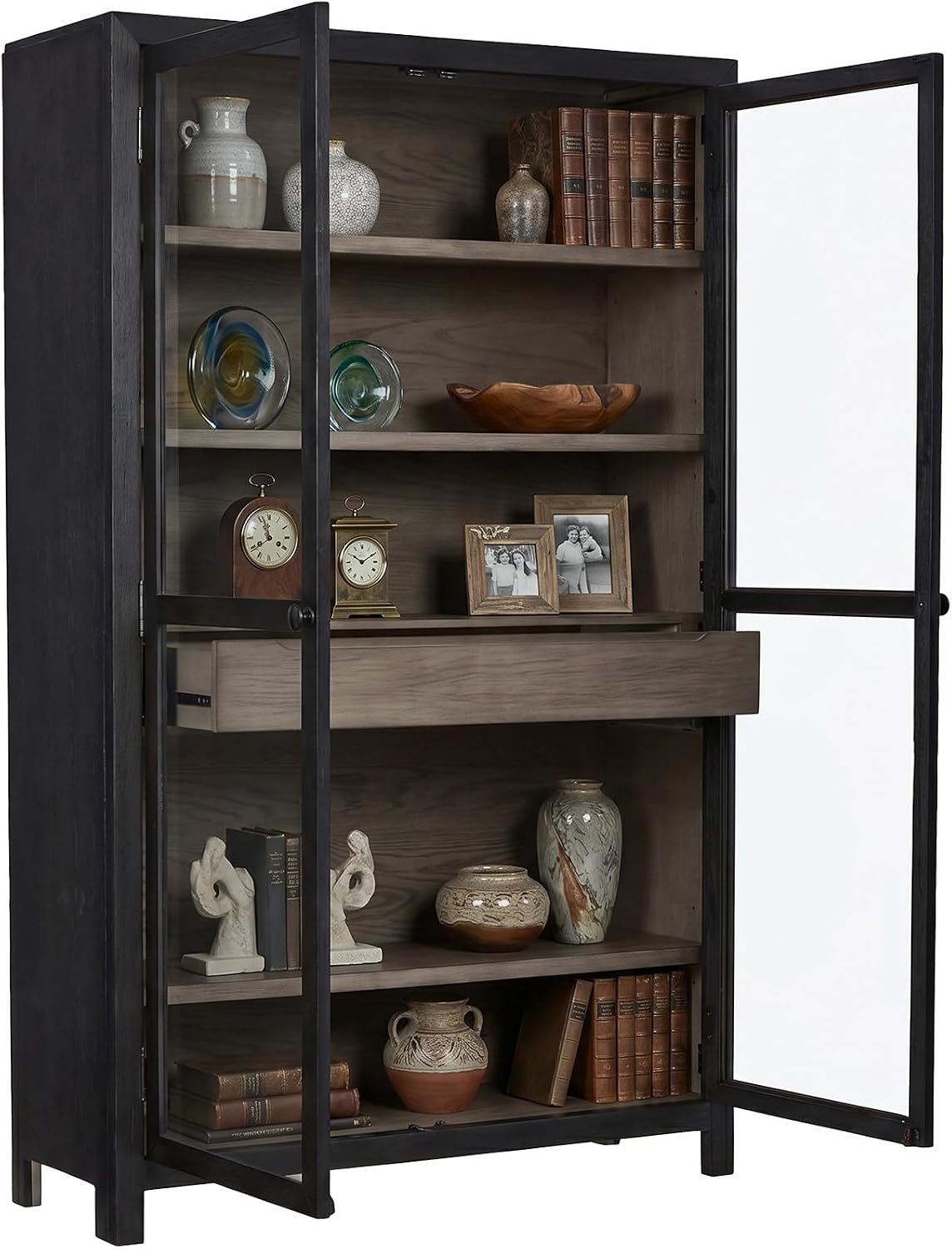 Signature Design by Ashley Lenston Black Accent Cabinet with Glass Doors | Tempered glass doors, 3 adjustable shelves, Wood oak veneer and engineered wood construction, 1 soft-close drawer