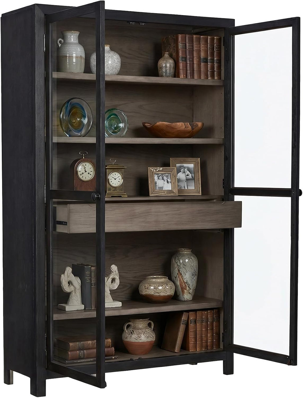 Signature Design by Ashley Lenston Black Accent Cabinet with Glass Doors | Tempered glass doors, 3 adjustable shelves, Wood oak veneer and engineered wood construction, 1 soft-close drawer