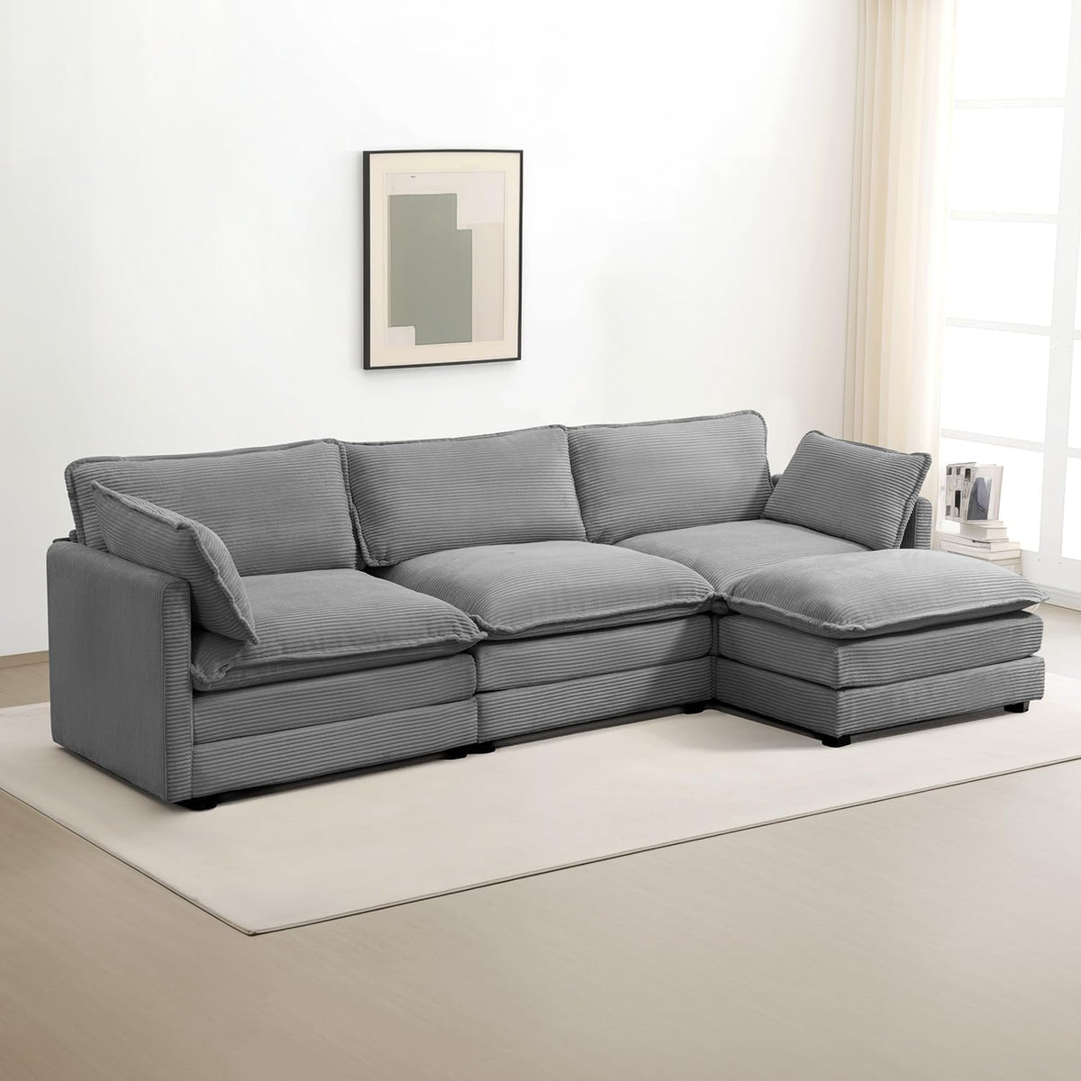 ROWHY 112'' Sectional Modular Cloud Couch, Oversized 5 Seat Couches U Shaped Sofa with 2 Movable Ottomans, 2 Throw Pillows, Upholstered Corduroy U Shape Comfy Deep Couches for Living Room, Beige