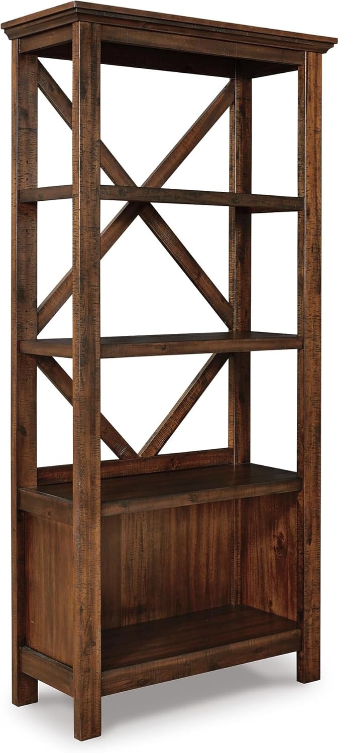 Signature Design by Ashley Baldridge 4-Shelf Bookcase, Rustic Brown | Durable blend of veneers, wood and engineered wood, Vintage textured look, Deep 12.75" shelves for office storage