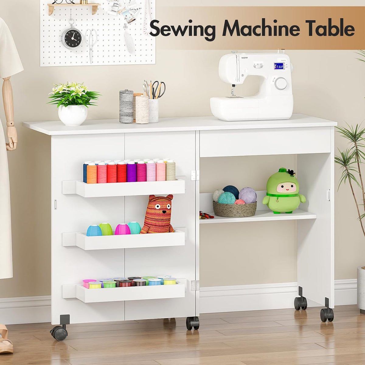 Sewing Table,Sewing Machine Desk w/Open Storage Shelf Drawer Rolling Caster