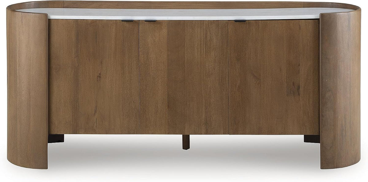 Signature Design by Ashley Modern Accent Cabinet, 66 in Credenza, Fitzroy | Solid mango wood sideboard, Mostly pre-assembled, 3 soft-close doors, Built-in cord management, Natural wood finish