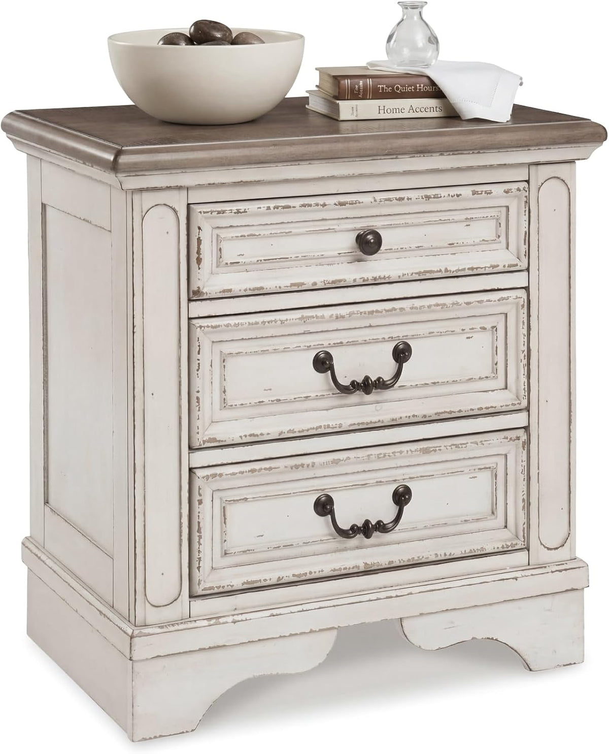 Signature Design by Ashley 3 Drawer Nightstand with Charging Station | Charming vintage two-tone finish, Built-in power strip with 108 in cord, Elegant cast resin corbels, Realyn Series
