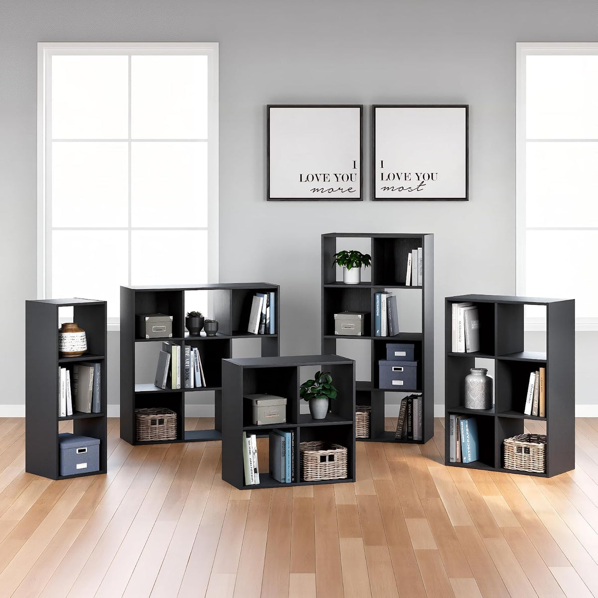 Signature Design by Ashley 8 Cube Storage Organizer, Black Bookcase | Engineered wood and decorative laminate, Dual-position vertical or horizontal setup, Fits 10.5-inch bins, Langdrew Series