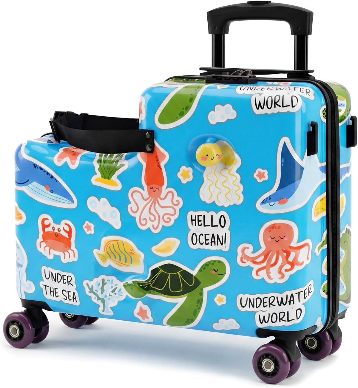 20" Ride On Luggage for Kids,Cute Pattern,Lightweight Hardshell Carry-On Luggage with Double Spinner Wheels,TSA Lock,Circular Handrail,Safety Belt,Foot Pedal,for Boys&Girls,Load Cap. 120 lbs (Blue)