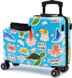 20" Ride On Luggage for Kids,Cute Pattern,Lightweight Hardshell Carry-On Luggage with Double Spinner Wheels,TSA Lock,Circular Handrail,Safety Belt,Foot Pedal,for Boys&Girls,Load Cap. 120 lbs (Blue)