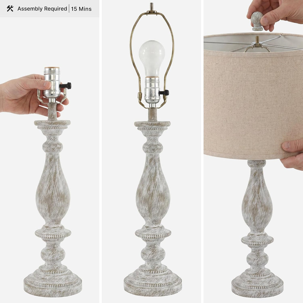 Signature Design by Ashley Table Lamps Set of 2, Tall Farmhouse, Whitewash | Durable 33-inch H cast resin pedestal base, Light fabric drum shade, Farmhouse style for end tables, Bernadate Series