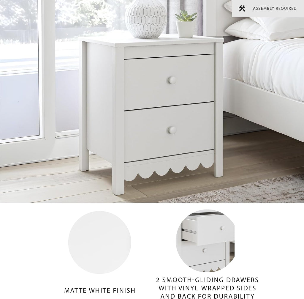 Signature Design by Ashley Bedside Table Nightstand, Scalloped, 2 Drawers | Engineered wood, Coastal farmhouse style, Scalloped edge, Youth bedroom use, Hallityn Series