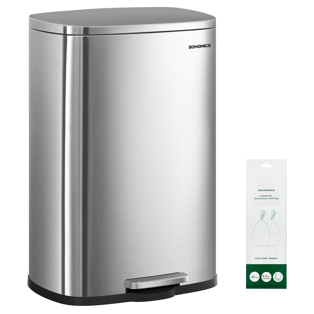 SONGMICS 13 Gallon (50 L) Trash Can, Stainless Steel, Step-On Pedal