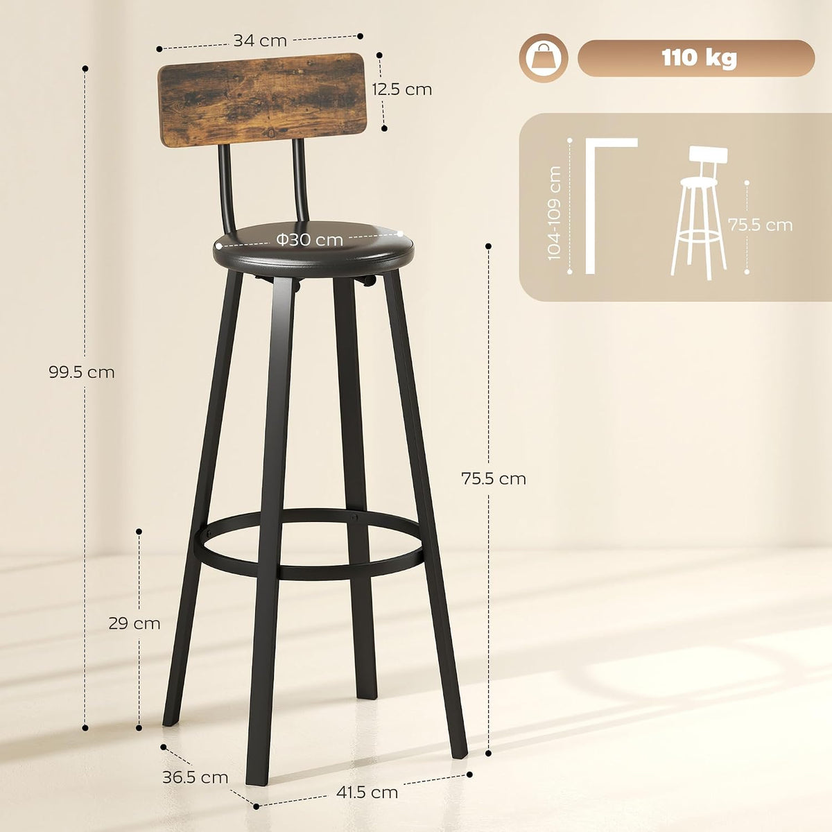 HOMCOM Bar Stools Set of 2 Upholstered Backrest Rustic Brown and Black