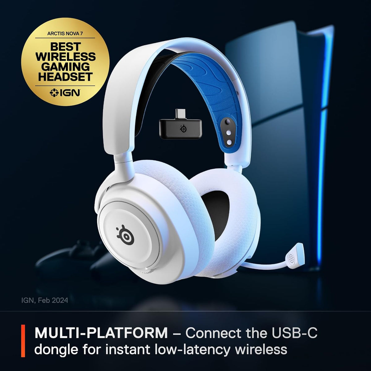 SteelSeries Arctis Nova 7P Wireless PS5 Gaming Headset - Neodymium Magnetic Drivers - Dual Wireless PlayStation & Bluetooth - 38H USB-C Battery - Gen2 AI Mic - Supports PS4, PC - White
