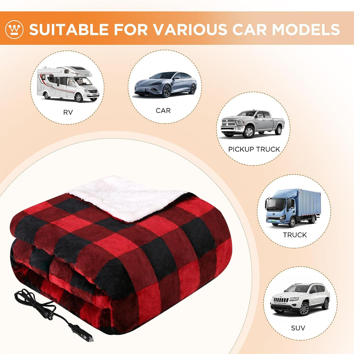 Westinghouse Heated Car Blanket, Red Buffalo Plaid, Machine Washable 59x43