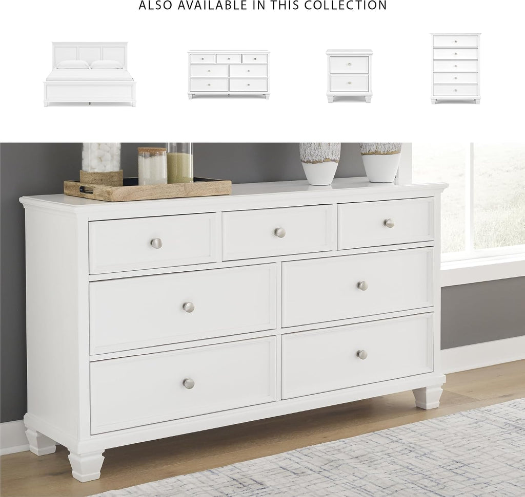 Signature Design by Ashley Fortman White 7-Drawer Wide Dresser for Bedroom | Painted wood chest, Tapered feet, Smooth ball-bearing glides, Durable hardwood solids and MDF substrate construction