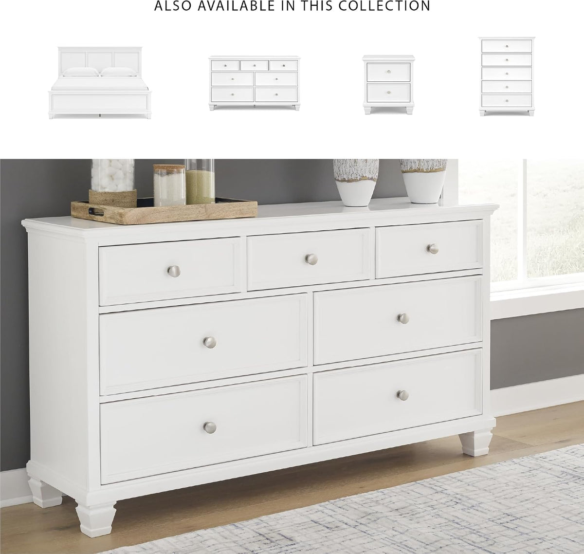 Signature Design by Ashley Fortman White 7-Drawer Wide Dresser for Bedroom | Painted wood chest, Tapered feet, Smooth ball-bearing glides, Durable hardwood solids and MDF substrate construction