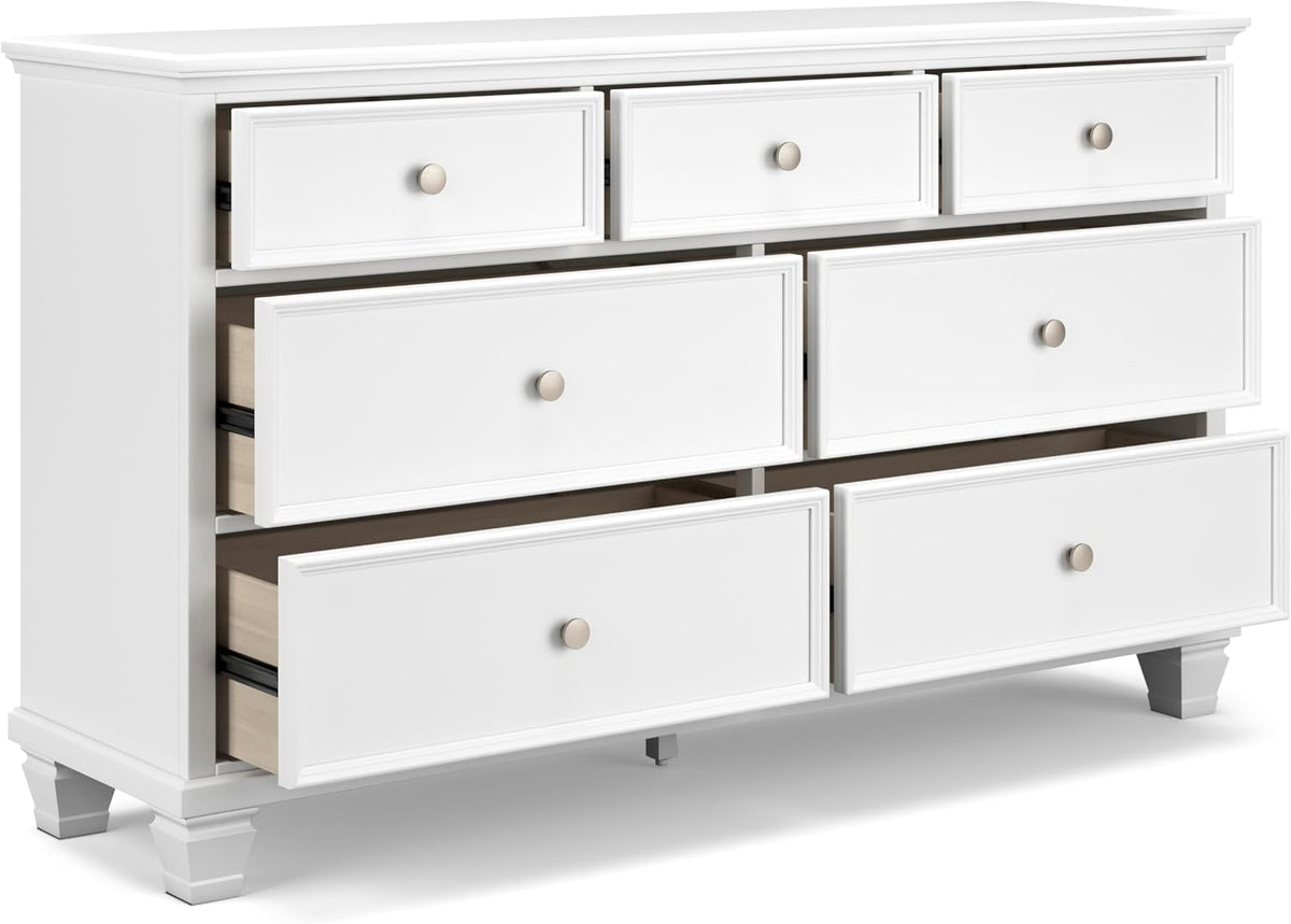 Signature Design by Ashley Fortman White 7-Drawer Wide Dresser for Bedroom | Painted wood chest, Tapered feet, Smooth ball-bearing glides, Durable hardwood solids and MDF substrate construction