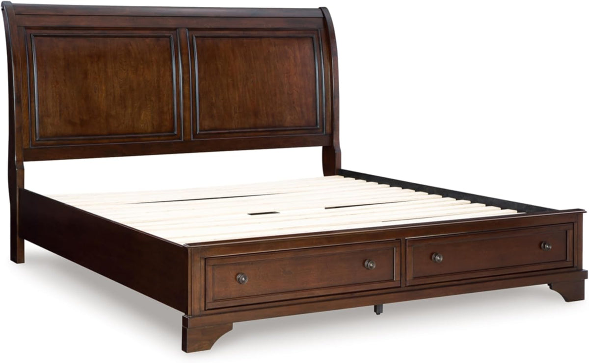 Signature Design by Ashley King Sleigh Storage Bed Frame, Brown | Hardwood solids, Select hardwood veneer and MDF substrate, King sleigh bed, Dark bronze-tone knobs, Trellington Series