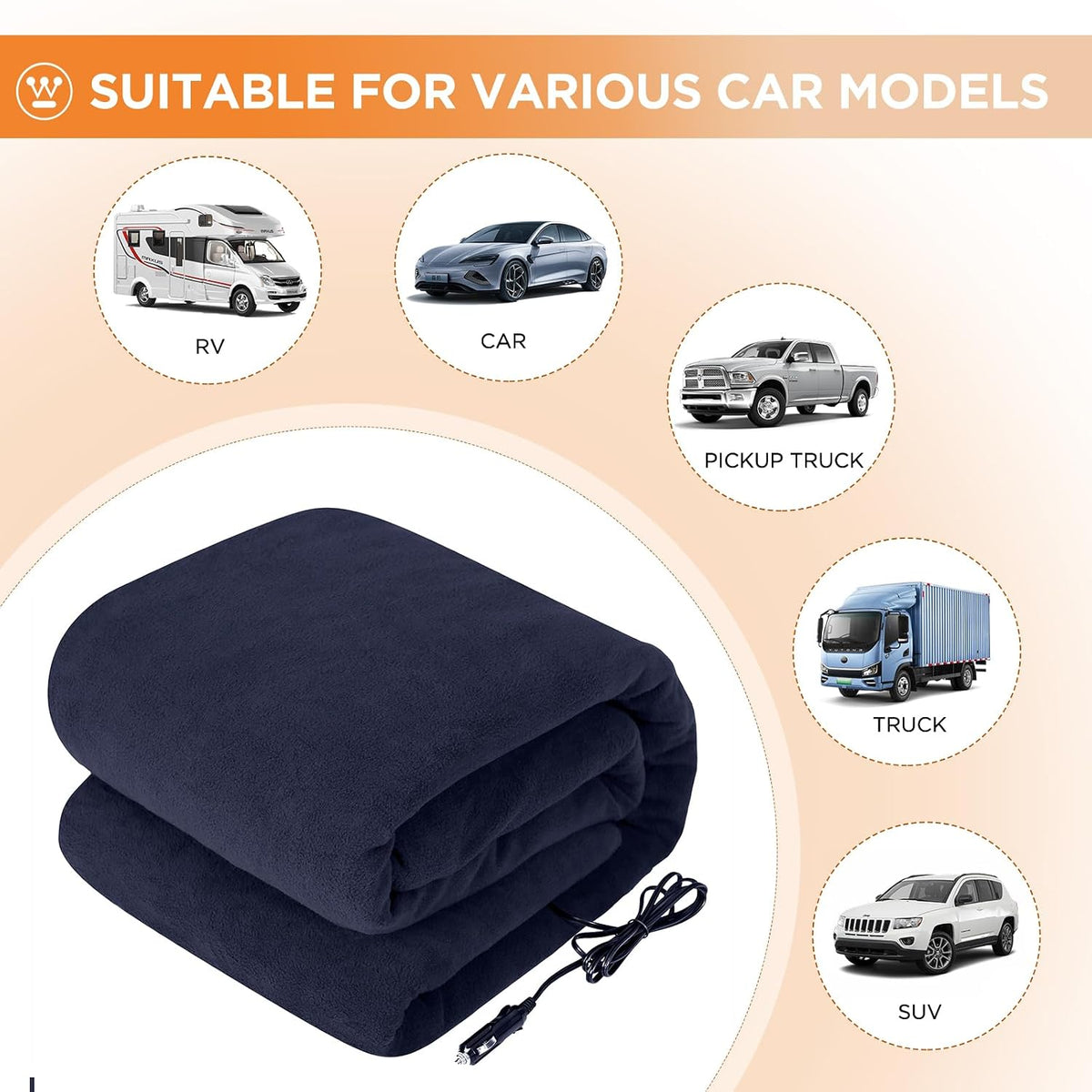 Westinghouse Heated Car Blanket, Navy, 59" x 43”