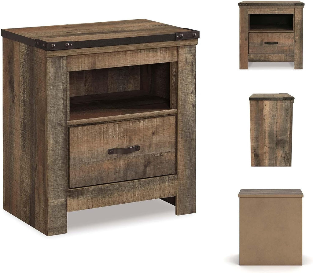 Signature Design by Ashley Trinell Nightstand with Charging Station | Dual USB ports, Engineered wood construction, Open storage cubby, Smooth-operating drawer, Antiqued bronze-tone hardware