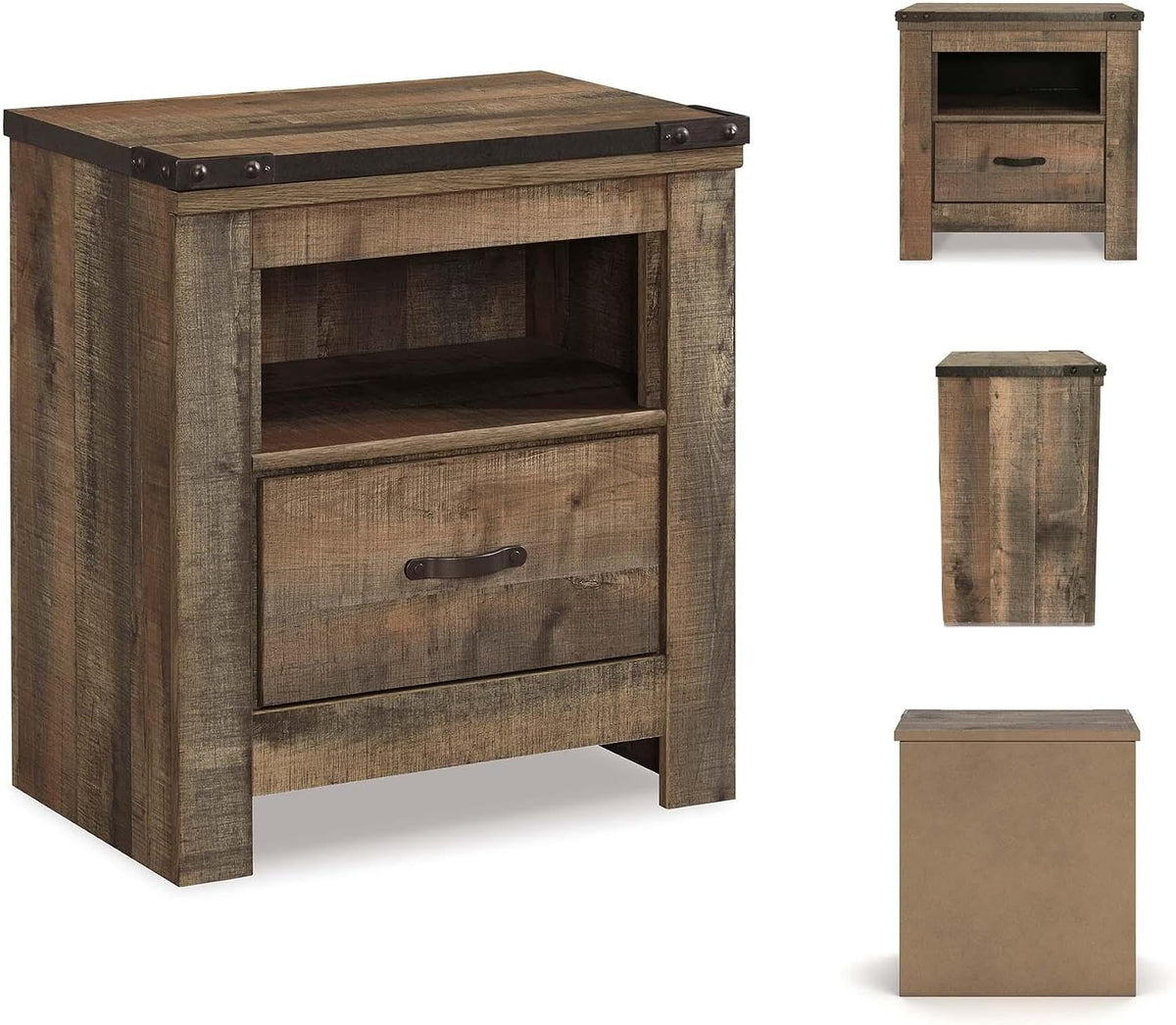Signature Design by Ashley Trinell Nightstand with Charging Station | Dual USB ports, Engineered wood construction, Open storage cubby, Smooth-operating drawer, Antiqued bronze-tone hardware