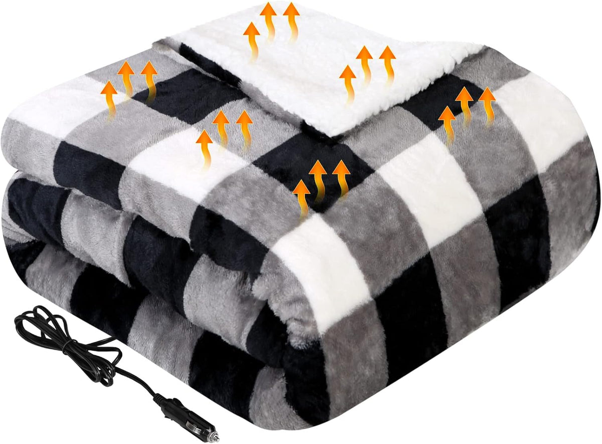 Westinghouse Heated Car Blanket, Grey Buffalo Plaid, 59" x 43”