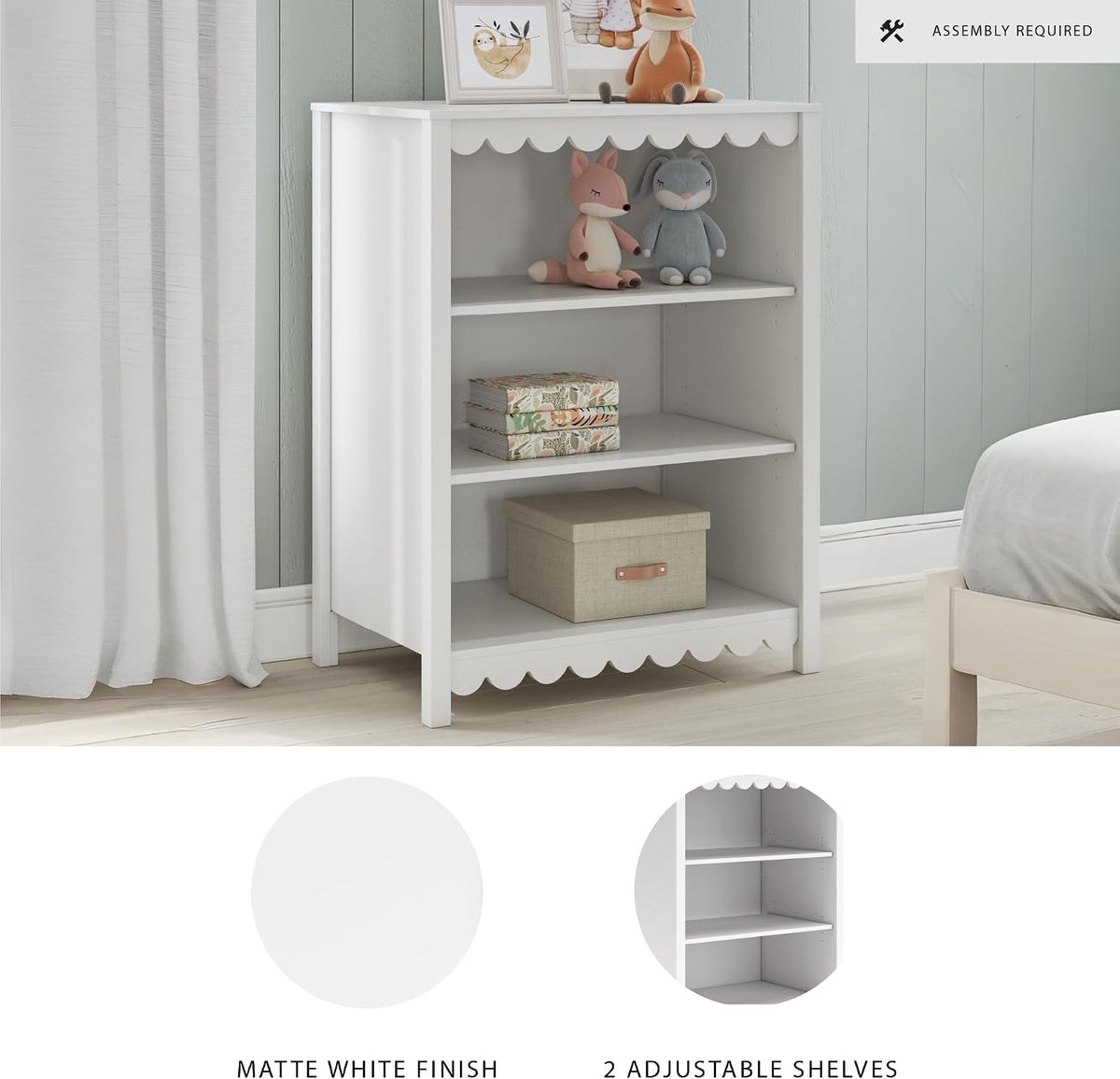 Signature Design by Ashley 3-Tier Scalloped Bookshelf, Matte White Bookcase | Deep 20-inch profile for oversized bins, Durable engineered wood frame with 2 adjustable shelves, Hallityn Series