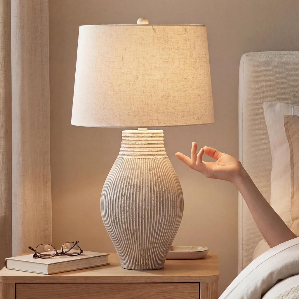 Signature Design by Ashley Layal 29" Table Lamp, Living Room, Beige | Textured paper composite base with 16-inch modified drum shade, 3-way switch for side accents, Stable 10-lb base