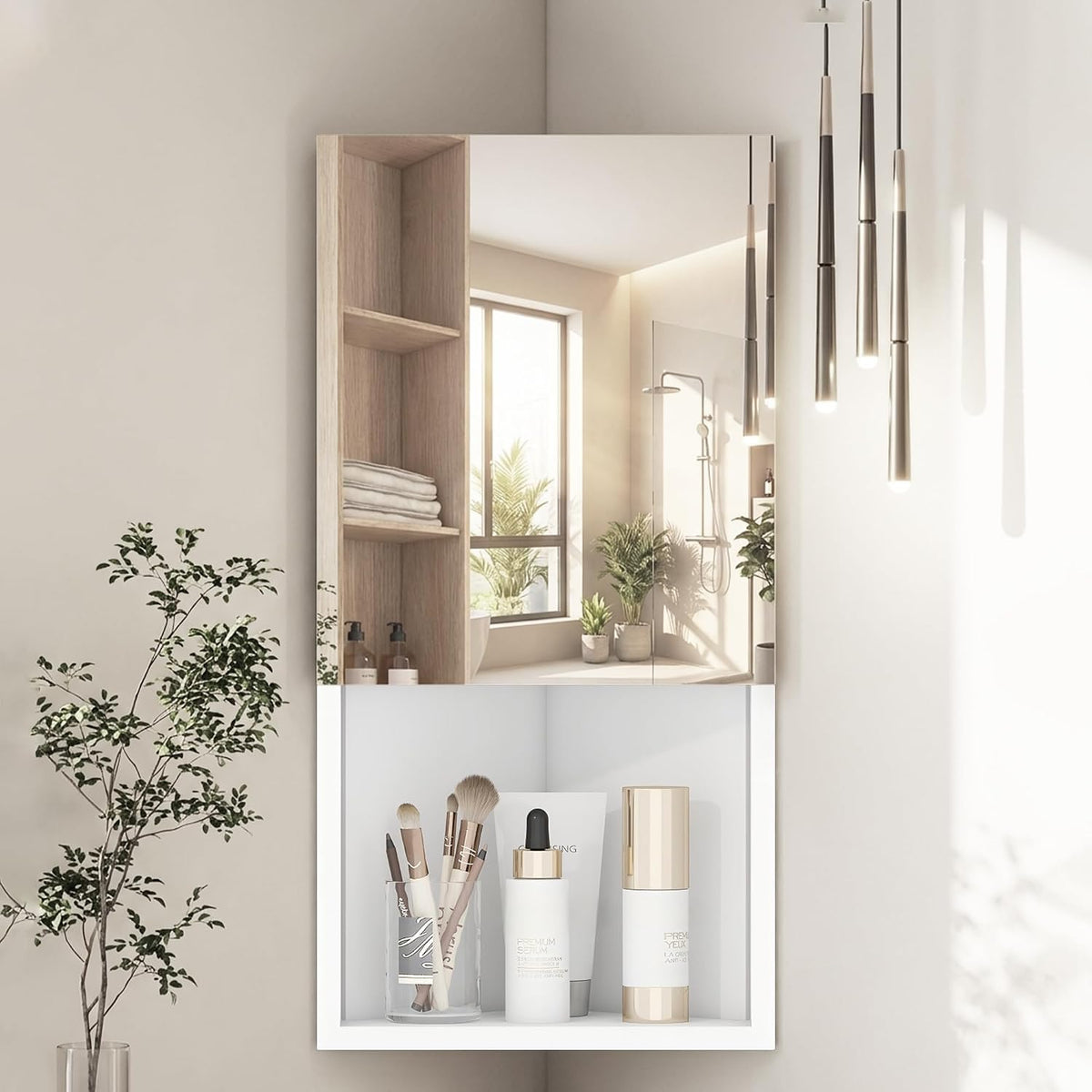 3 Shelves Corner Bathroom Mirror Cabinet,Wall Mounted Bathroom Cabinet