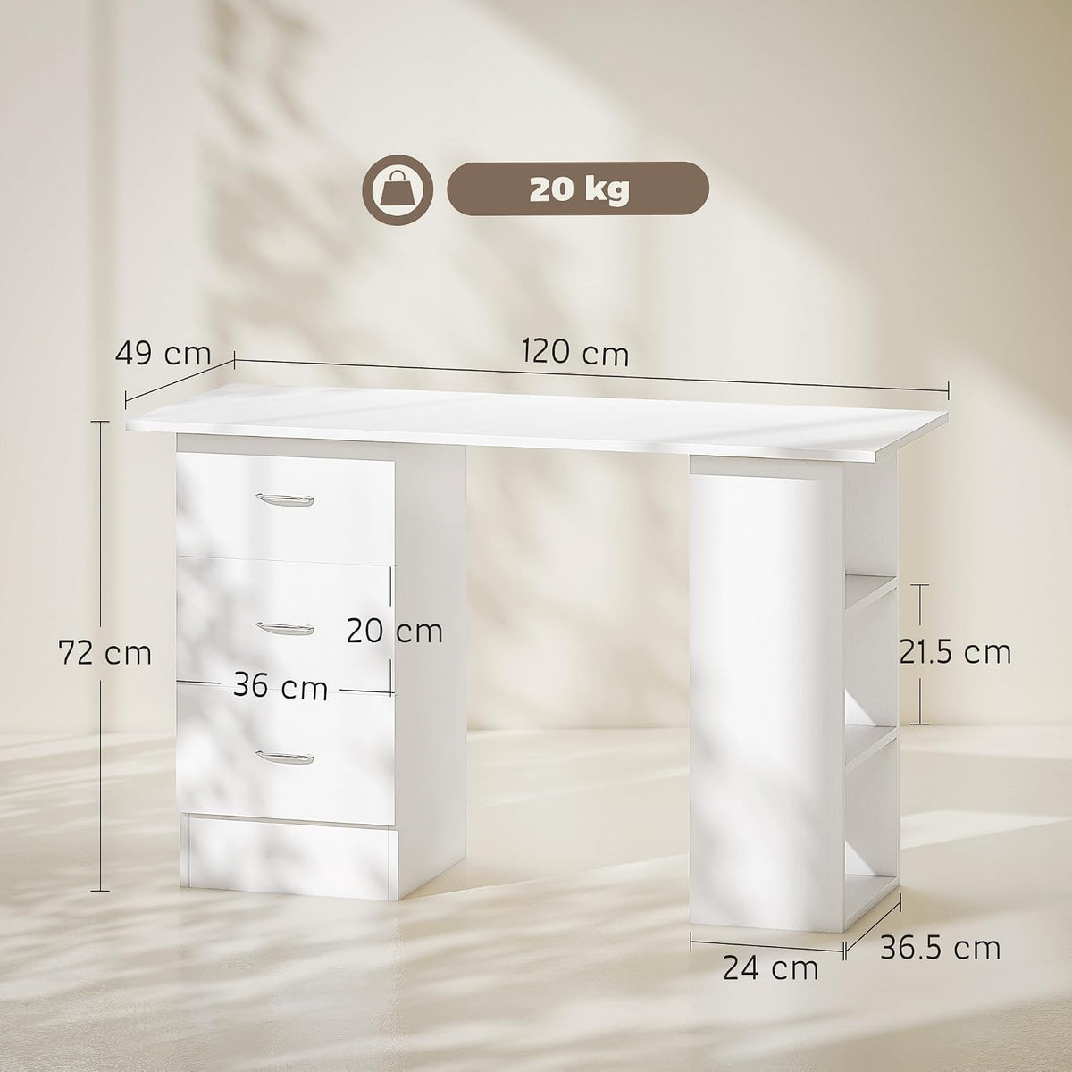 HOMCOM Computer Desk w/Drawers 120 x 49 x 72 cm White