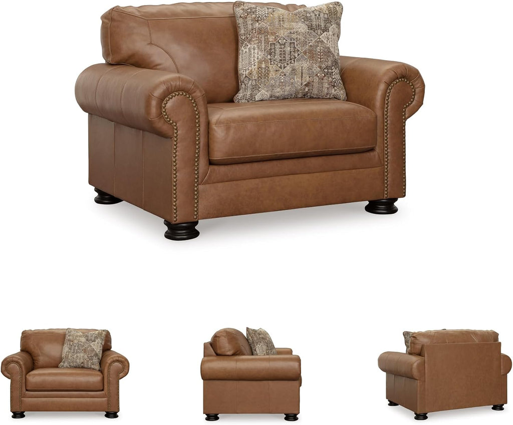Signature Design by Ashley Carianna Oversized Leather Accent Chair, Caramel | Top-grain leather seating, Durable faux leather outer panels, Extra-wide 54 in frame, Traditional living room style