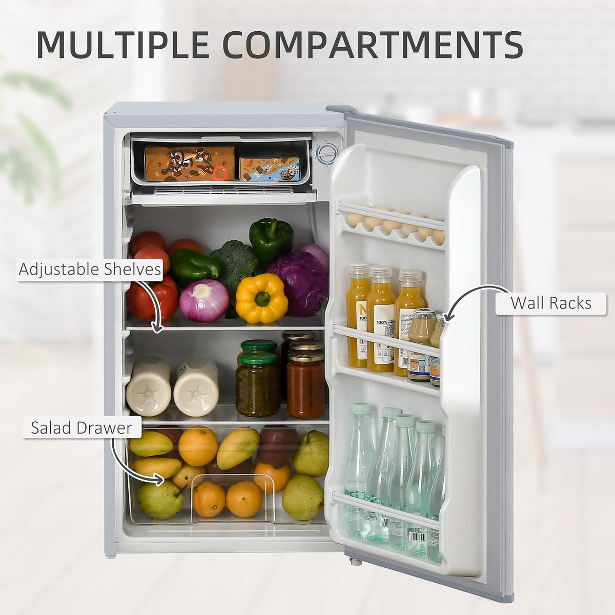 HOMCOM Under Counter Fridge 91L Small Fridge with Chiller Grey