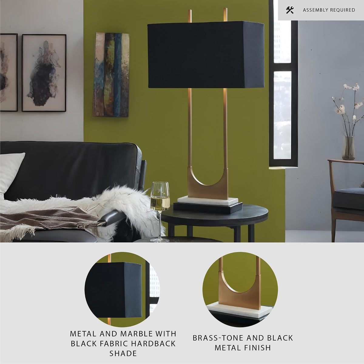 Signature Design by Ashley Table Lamp, Tall Modern Marble, Black and Brass | 32.75-inch open metal frame with brass-tone and black finish, White marble base with black fabric shade, Malana Series