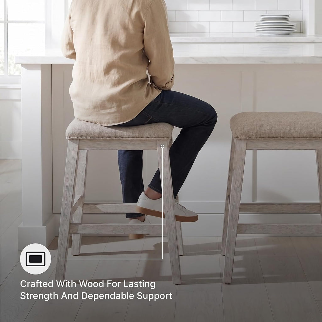 Signature Design by Ashley Skempton Counter Height Bar Stool, Set of 2 | Space-saving 24-inch farmhouse design, Supportive 18.5-inch foam-cushioned saddle seat, Distressed wood frame with footrest
