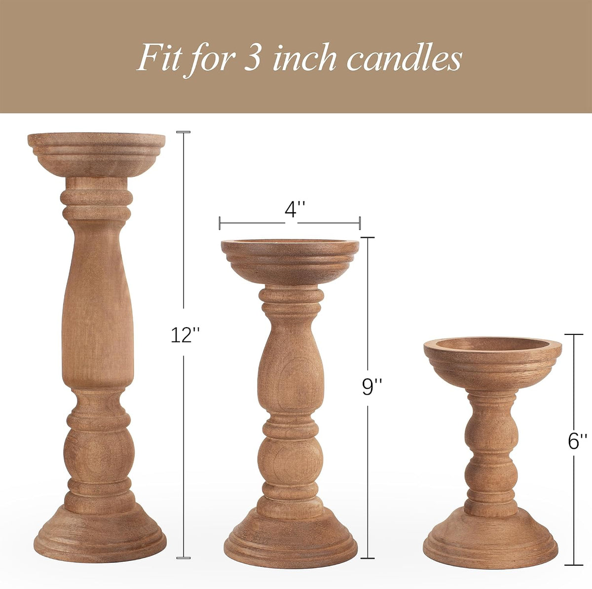 BANOMII Farmhouse Wooden Candle Holders for Pillar Candles Set of 3, Rustic Wood Candle Holder Table Centerpiece Decor, 12'' 9'' 6'' Vintage Tall Candle Stand Decorative, Brown